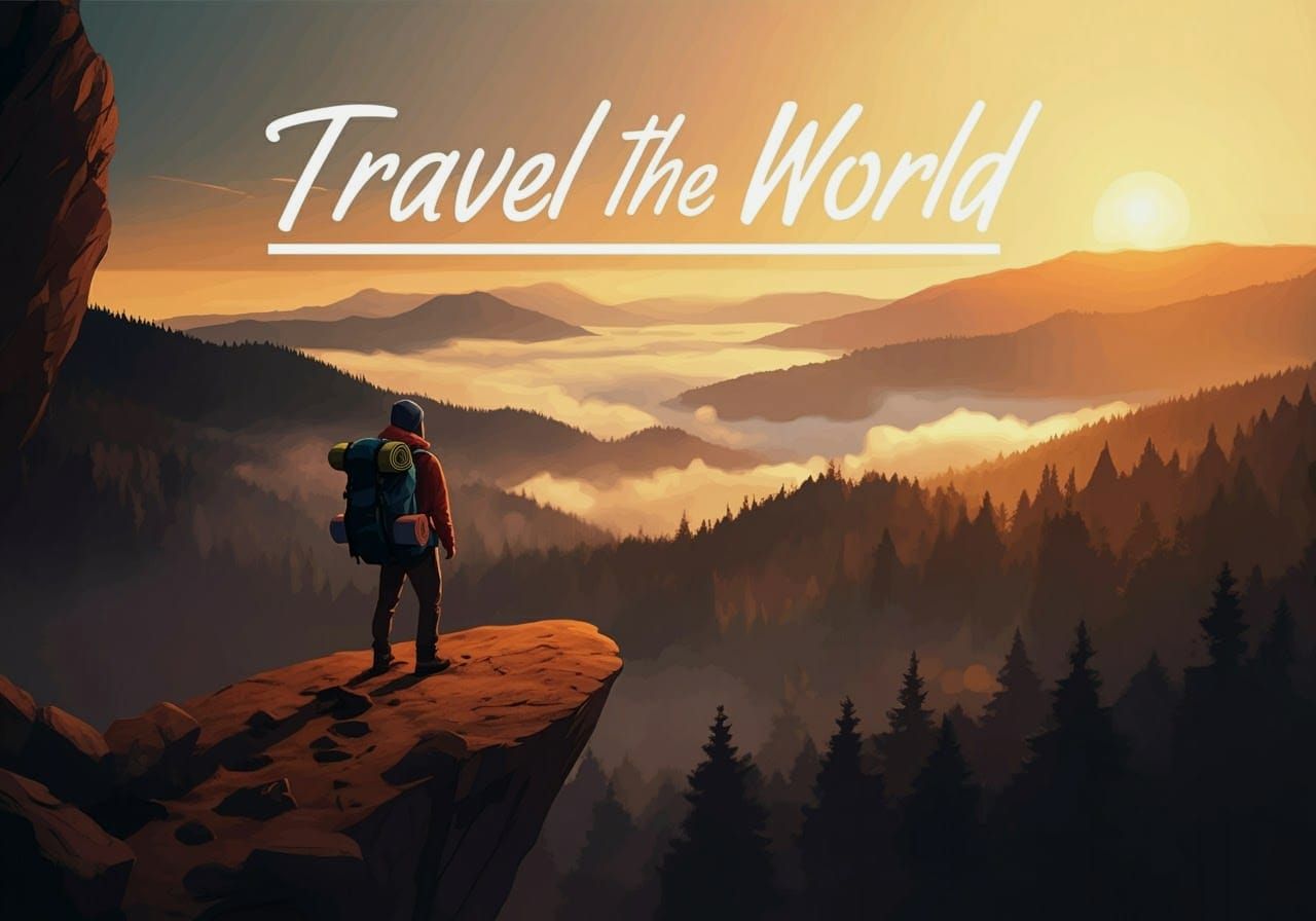 Sunrise Mountain View with Hiker and Text