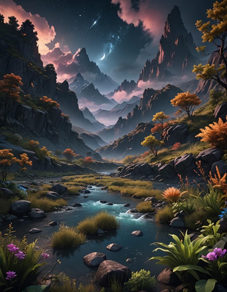 Night Mountain River in Detailed Matte Painting