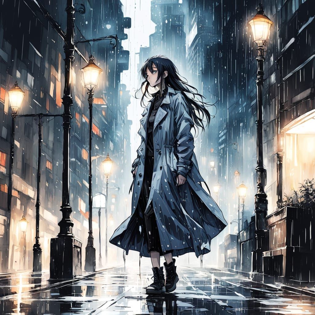 Moody Anime Girl in Rainy Cityscape