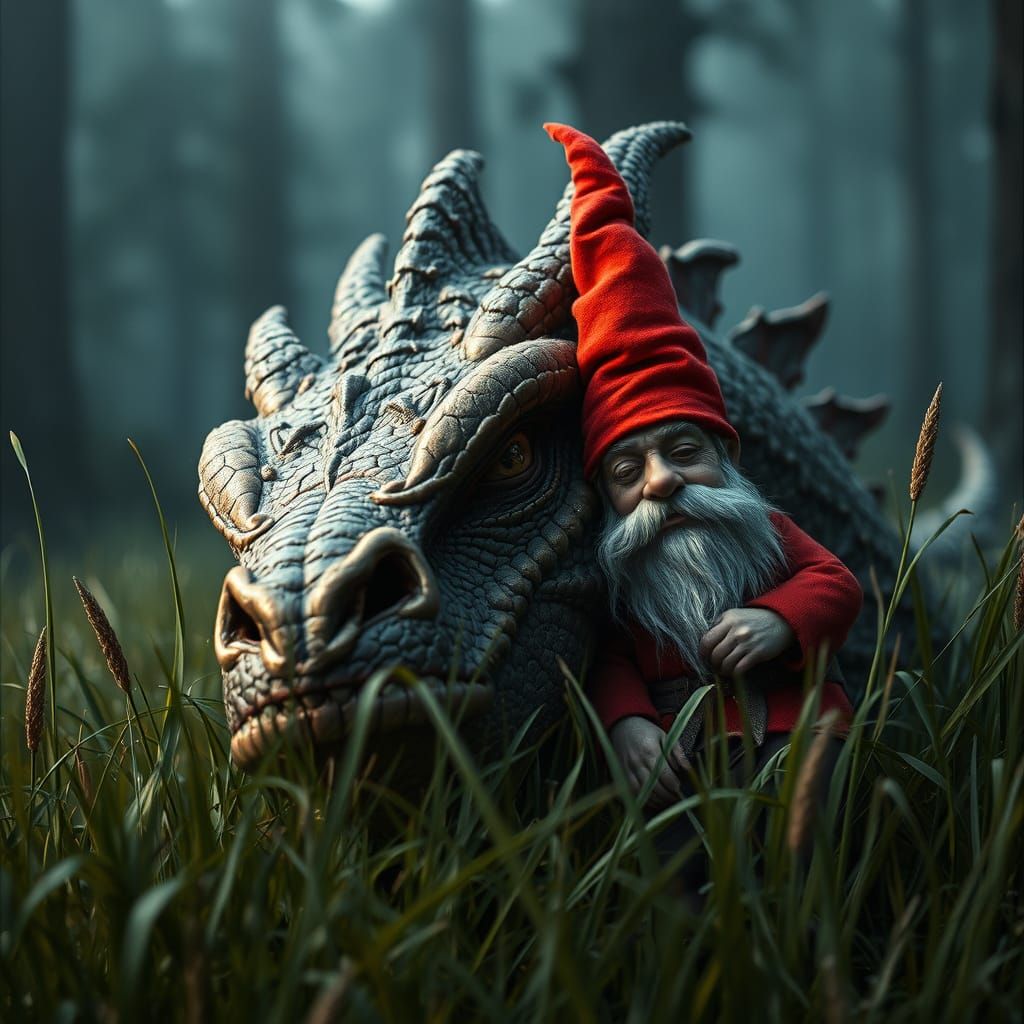 Ancient Dragon and Gnome in Misty Forest