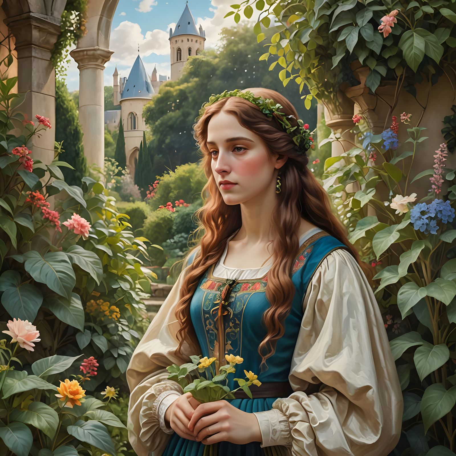 Renaissance Woman in Medieval Garden: Pre-Raphaelite Digital...