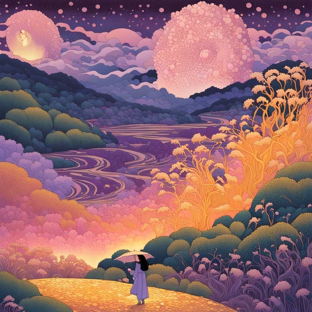 Woman in Stormy Landscape, Mosaic Art Style