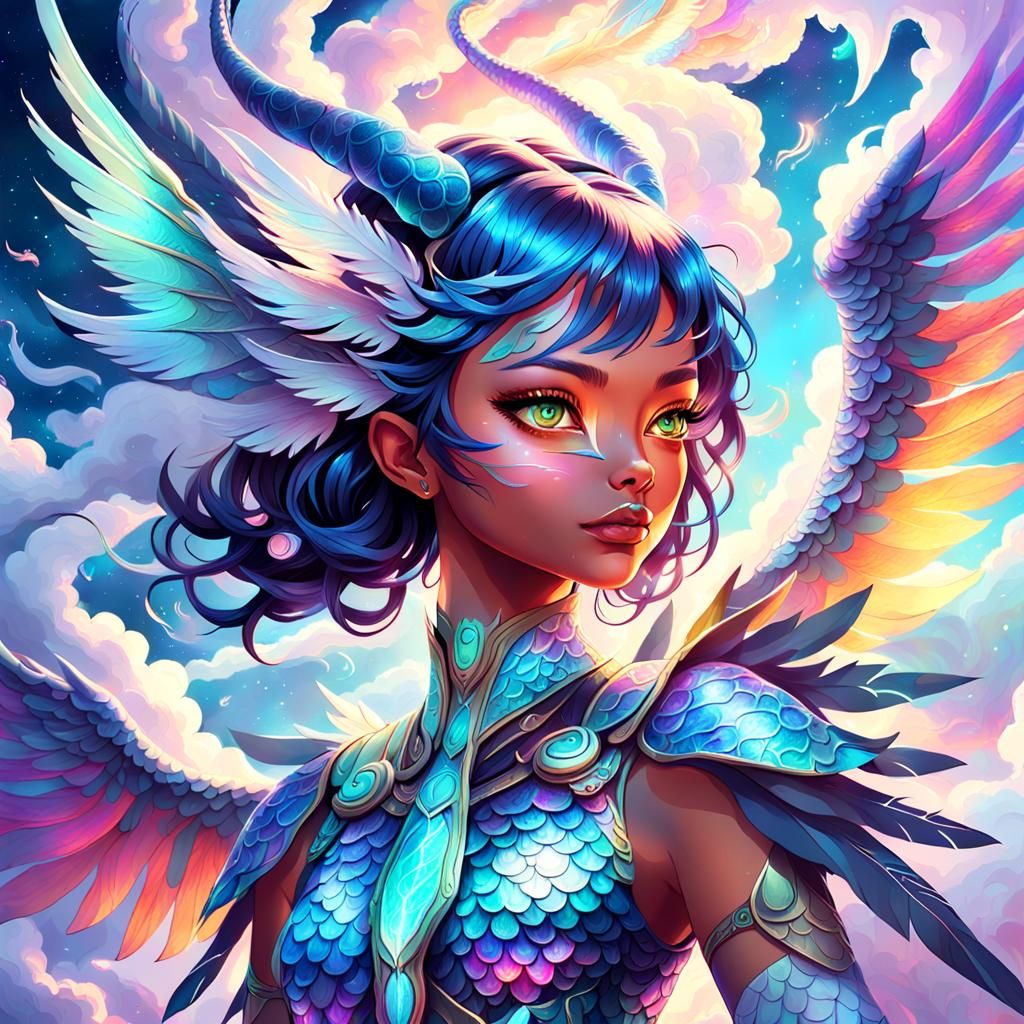 Cosmic Dragon Girl Portrait in Mixed Media