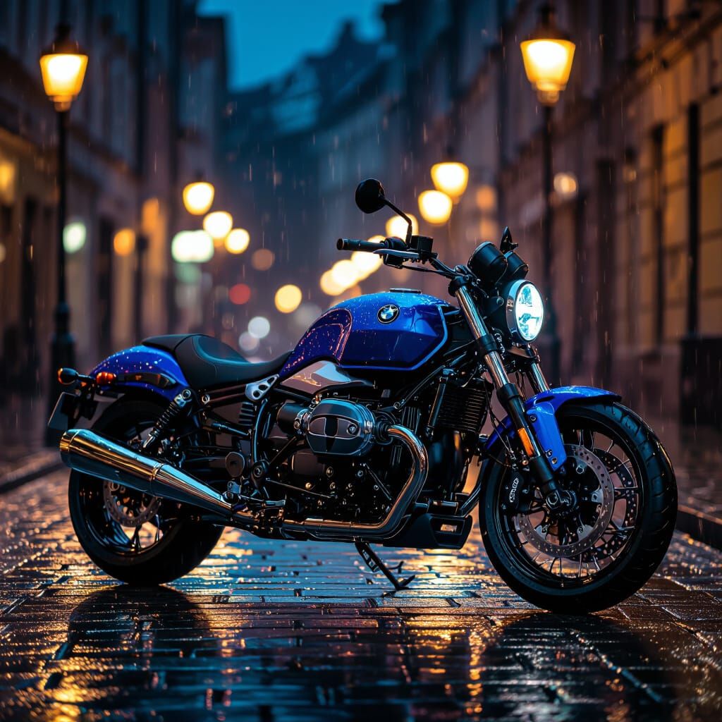 Sleek Blue BMW Motorcycle on Wet Cobblestone Street