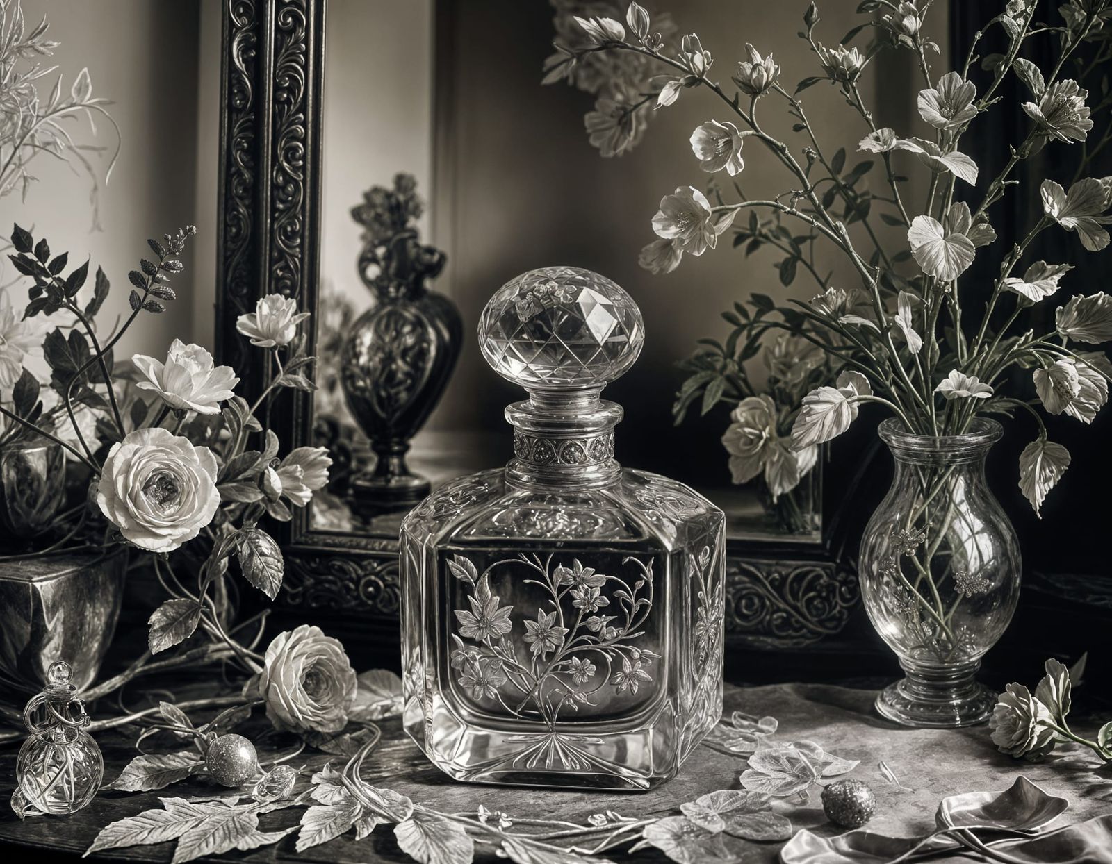 Ornate Crystal Perfume Bottle in Watercolor Style