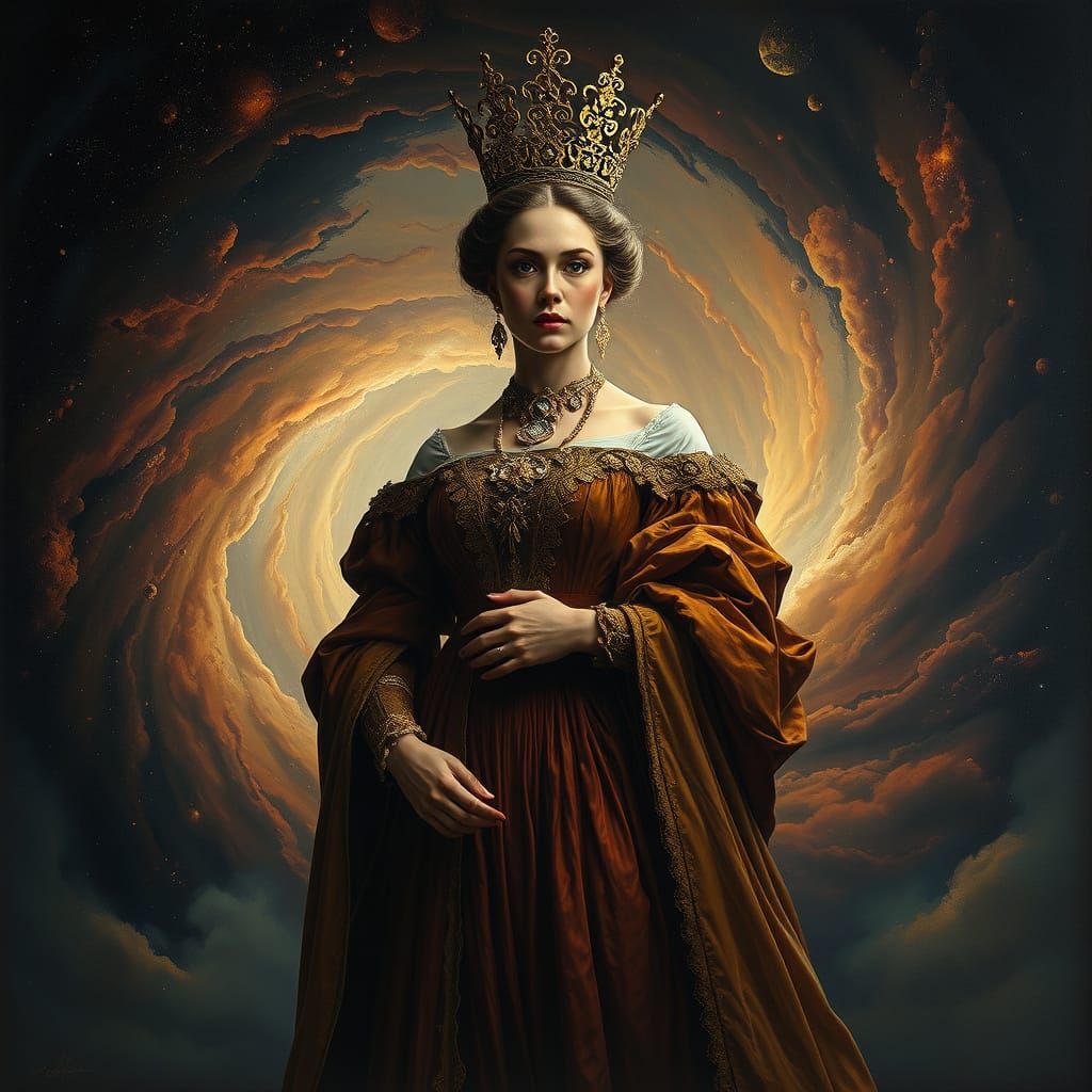 Regal Queen Before Cosmic Vortex in Surreal Oil Painting Sty...