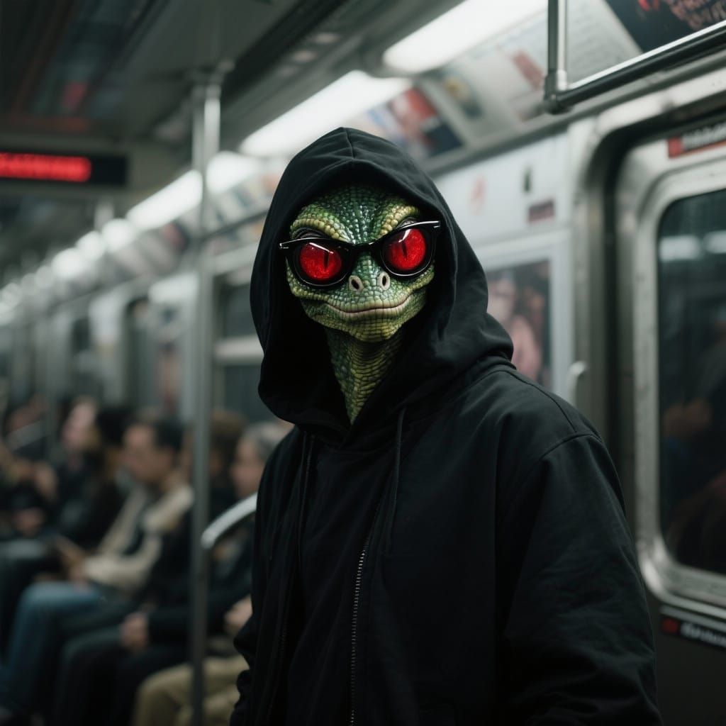 Lizard Alien in Crowded Subway, Cinematic Movie Still