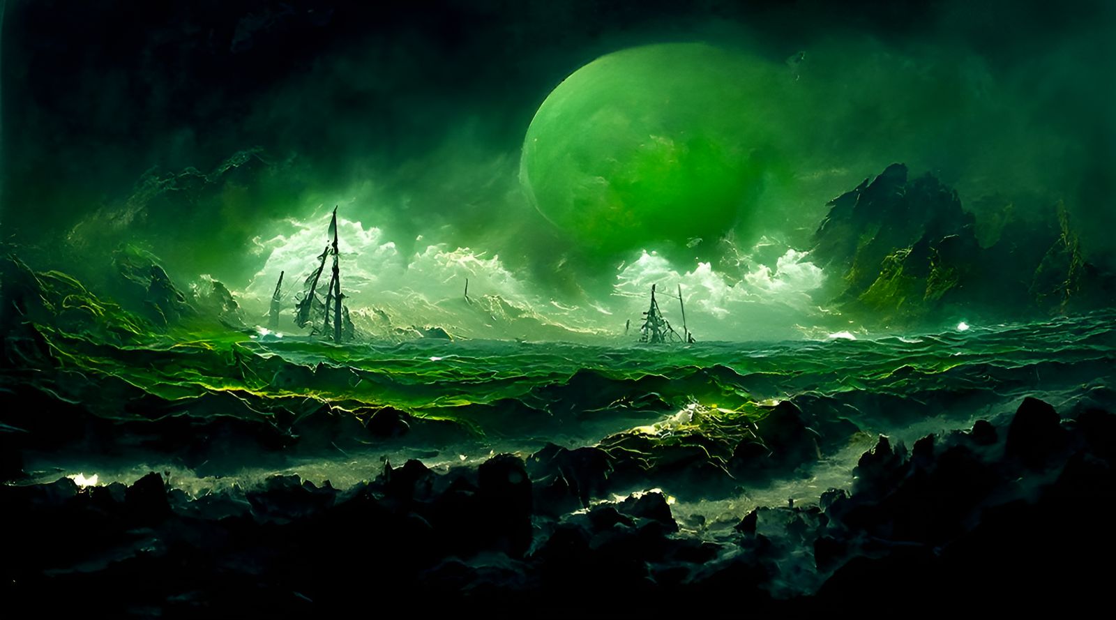 Ghost Ship Sailing Through Luminous Green Clouds