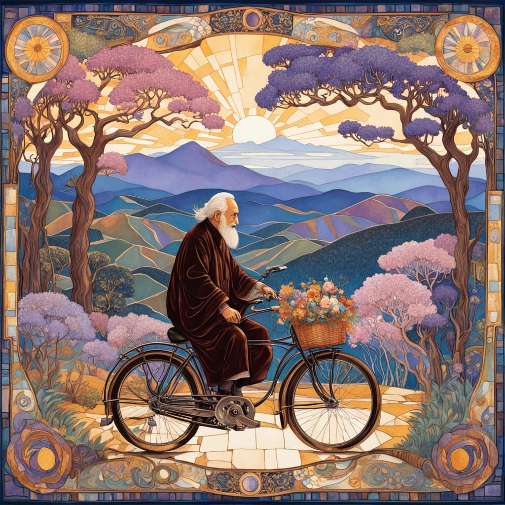 Elderly Man Rides Vintage Bicycle Through Vibrant Jacarandas...