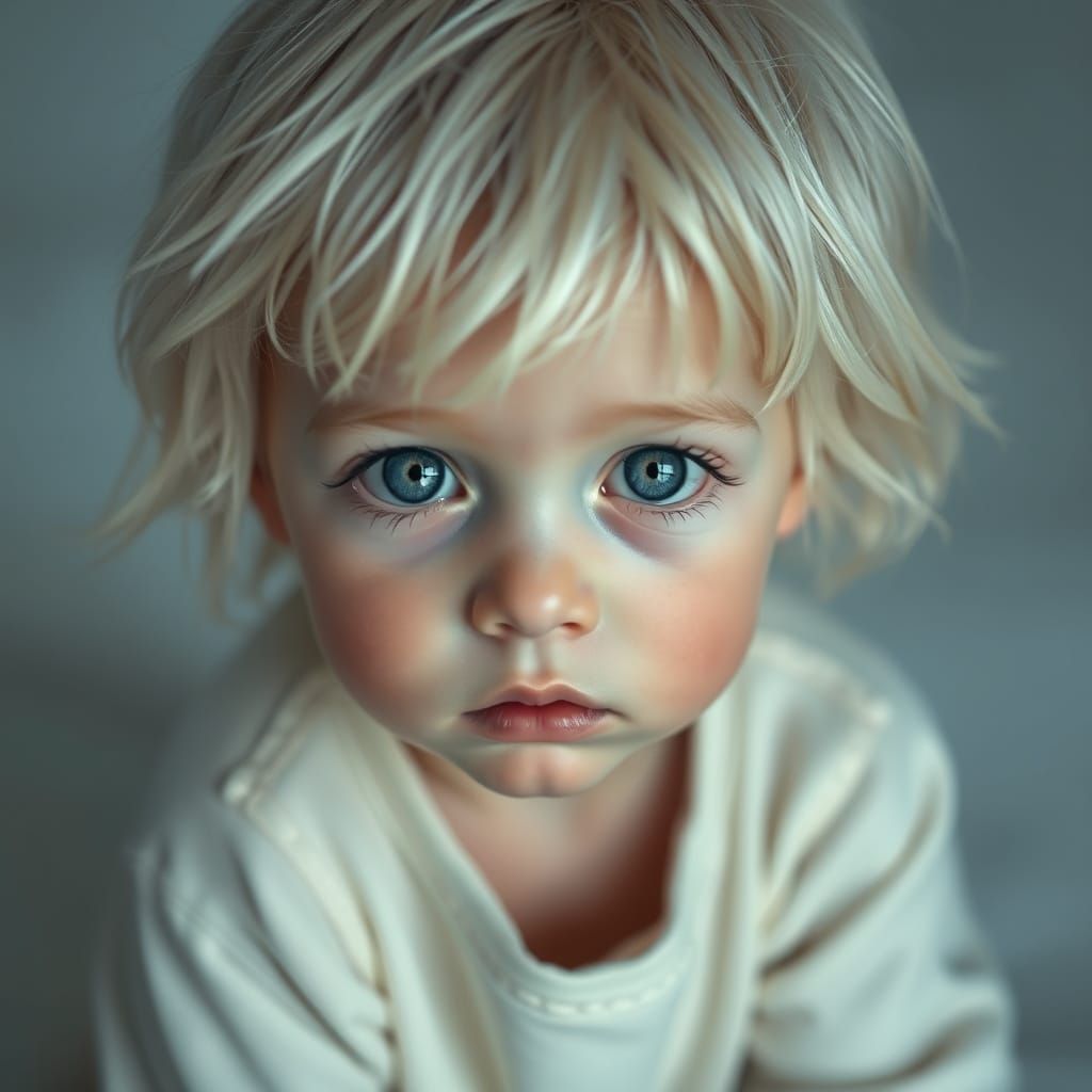 Hyperrealistic Portrait of a Child with Piercing Blue Eyes