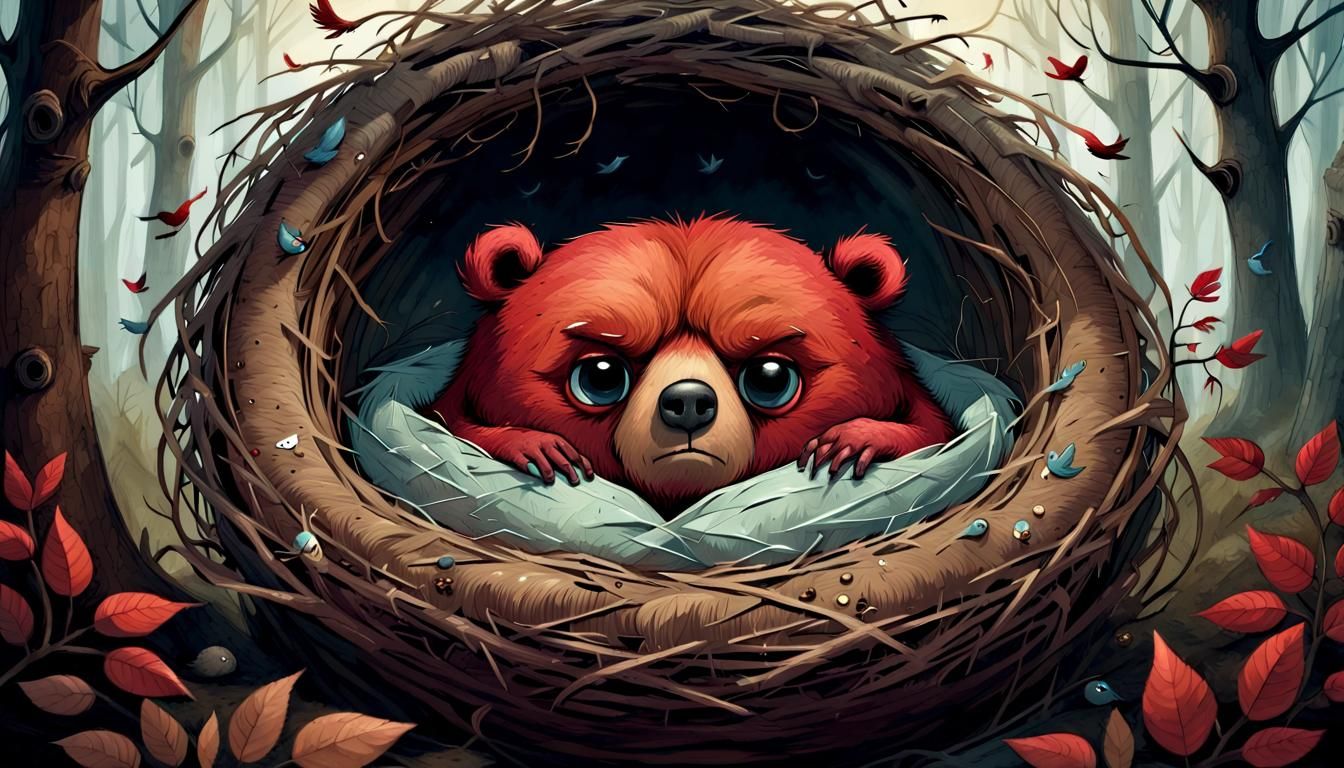 Grumpy Bear in a Birds Nest: Storybook Illustration