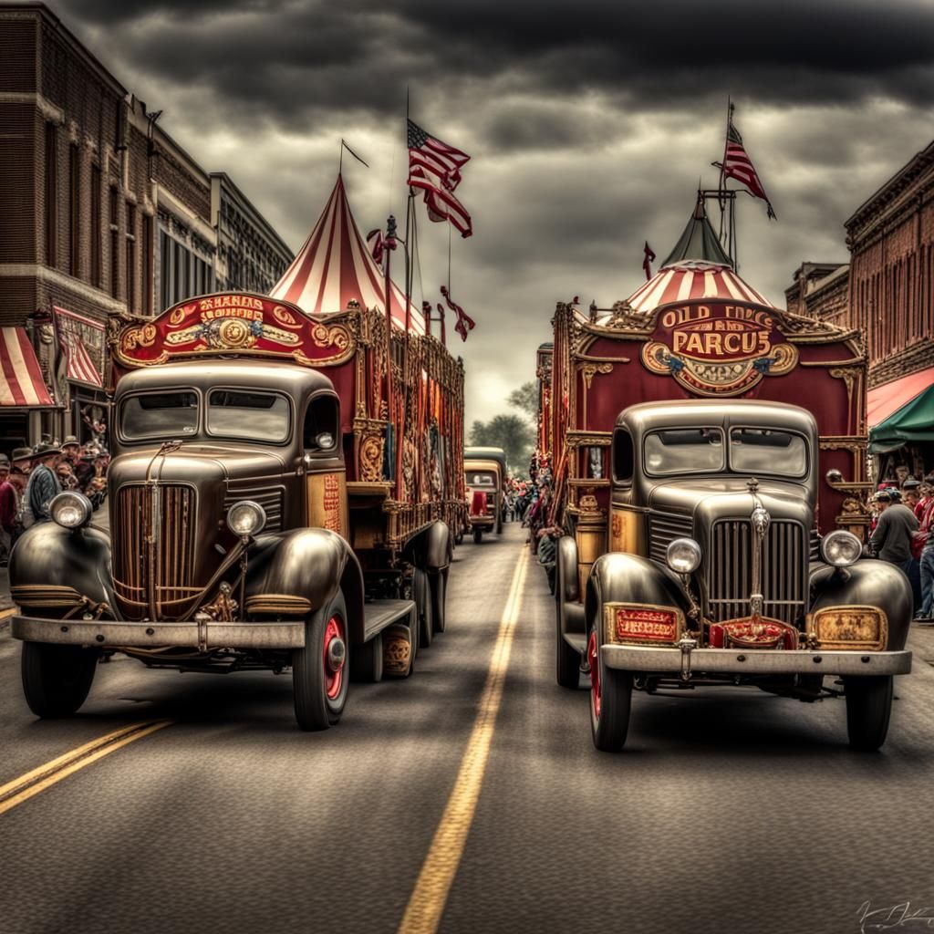 Vintage Circus Parade in Classic Trucks