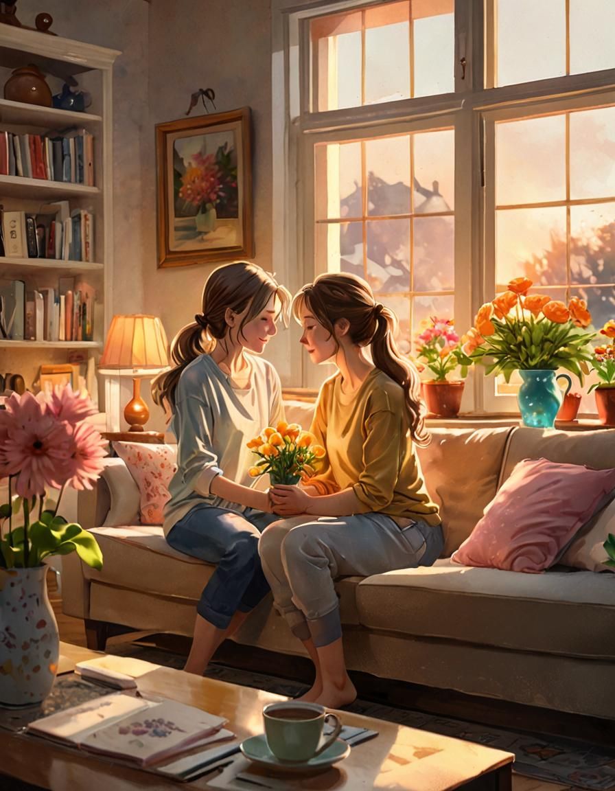 Heartwarming Mother-Daughter Embrace in Anime Style