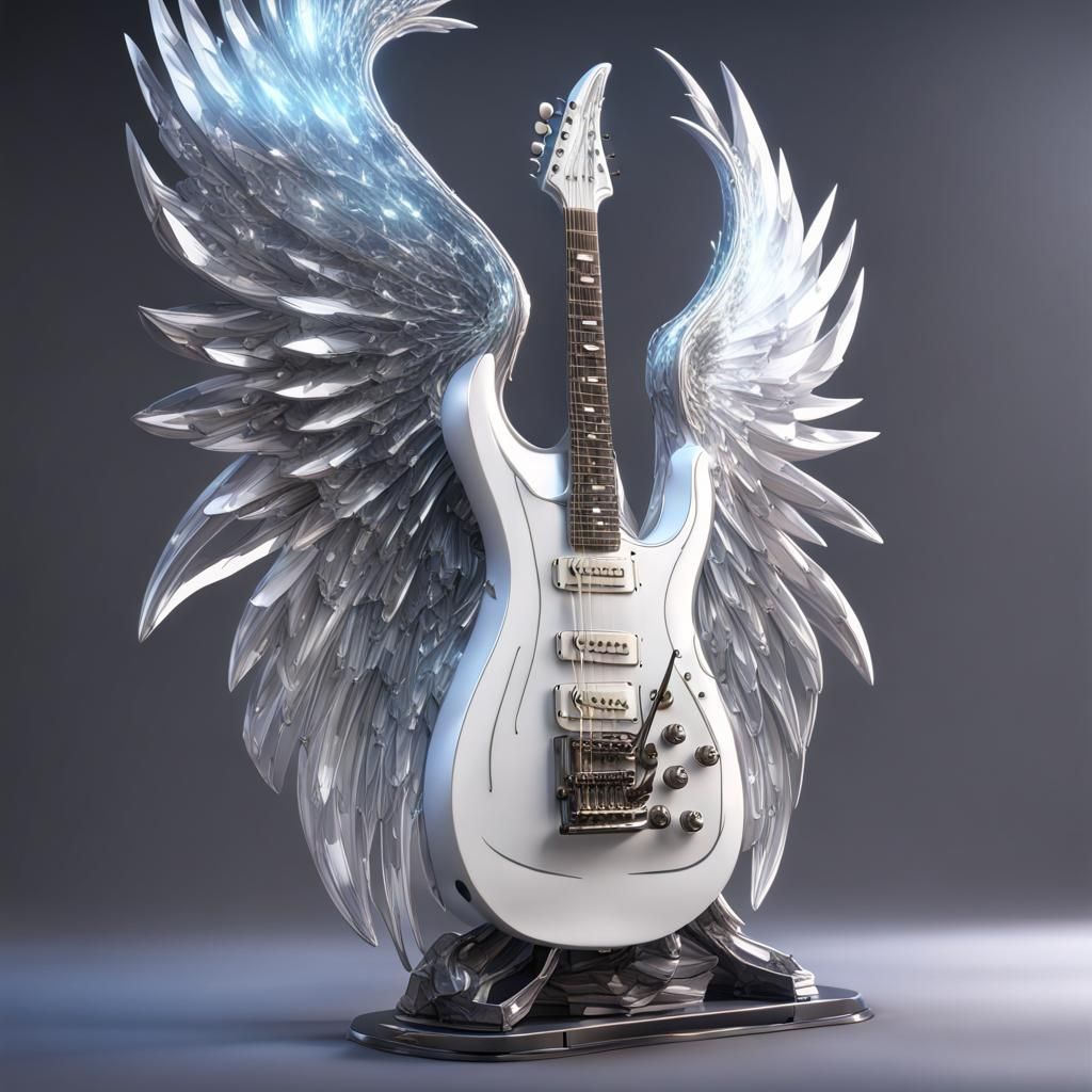 Enormous crystal white Glass, shiny steel Electric guitar with wings