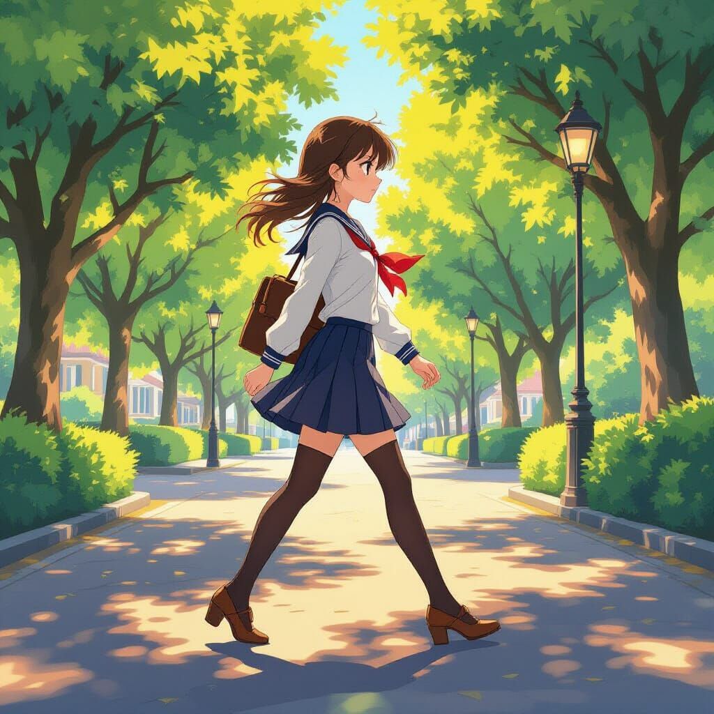 Schoolgirl in High Heels Walks Through Sunlit Park