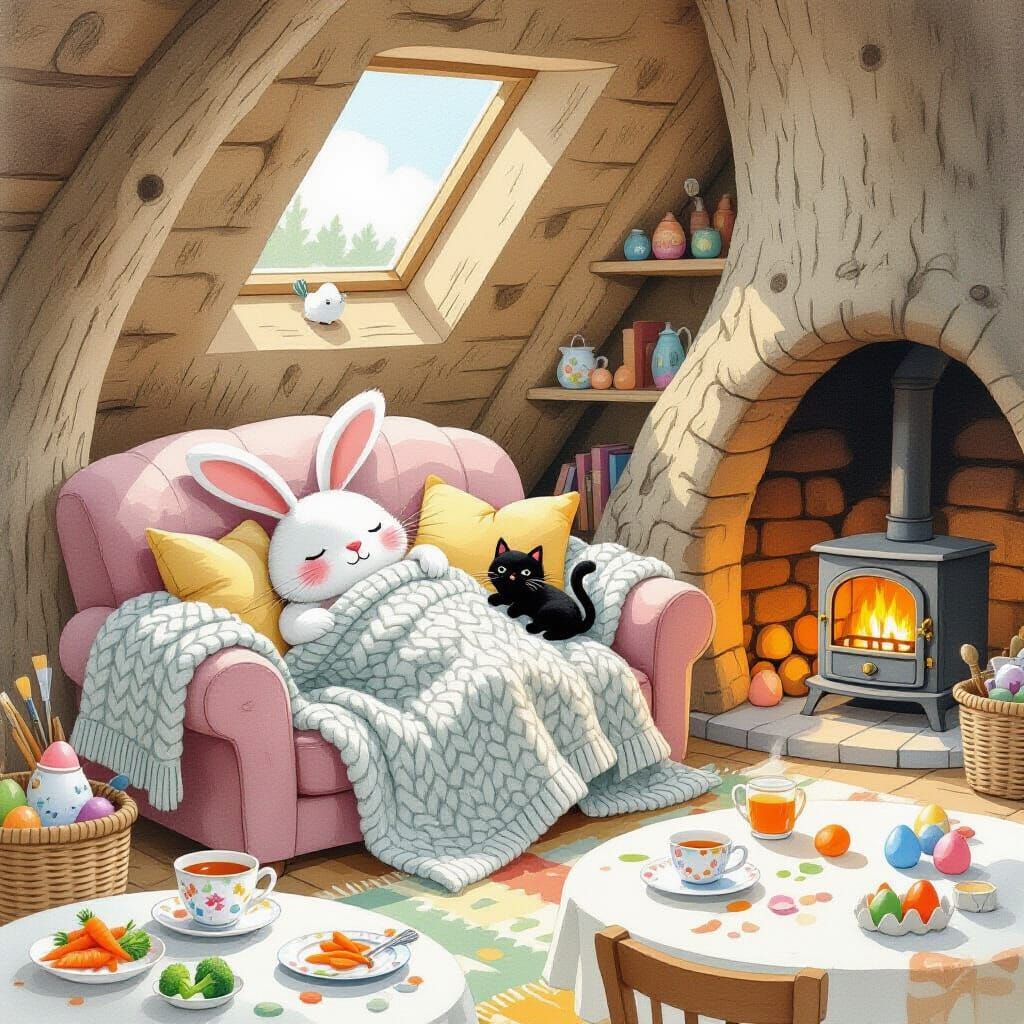 Easter Bunny Napping with Cat in Cozy Treehouse