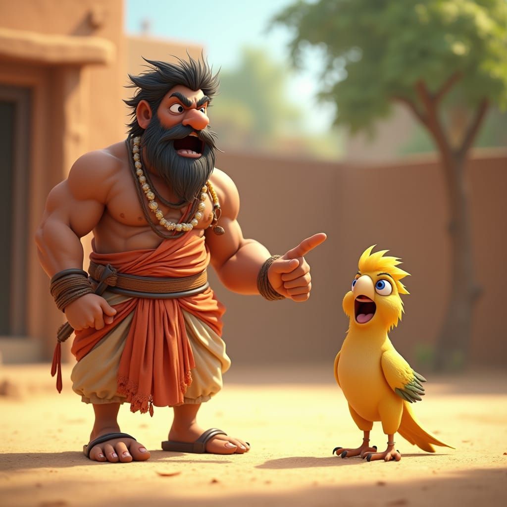 Angry Farmer Scolding Parrot in 3D Cartoon Style