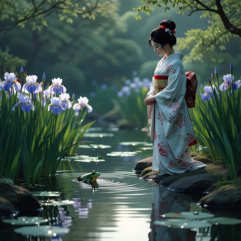 Yamato-e Woman by Pond with Irises
