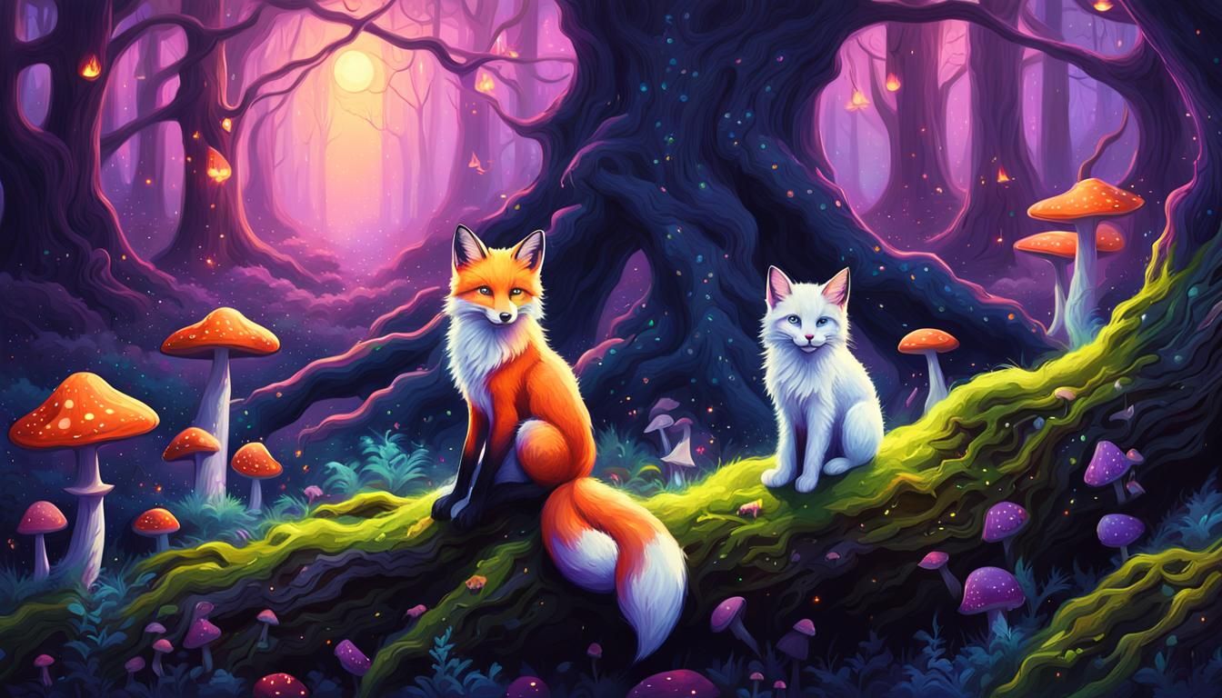 Enchanted Forest: Purple Fox and Kitten in Oil