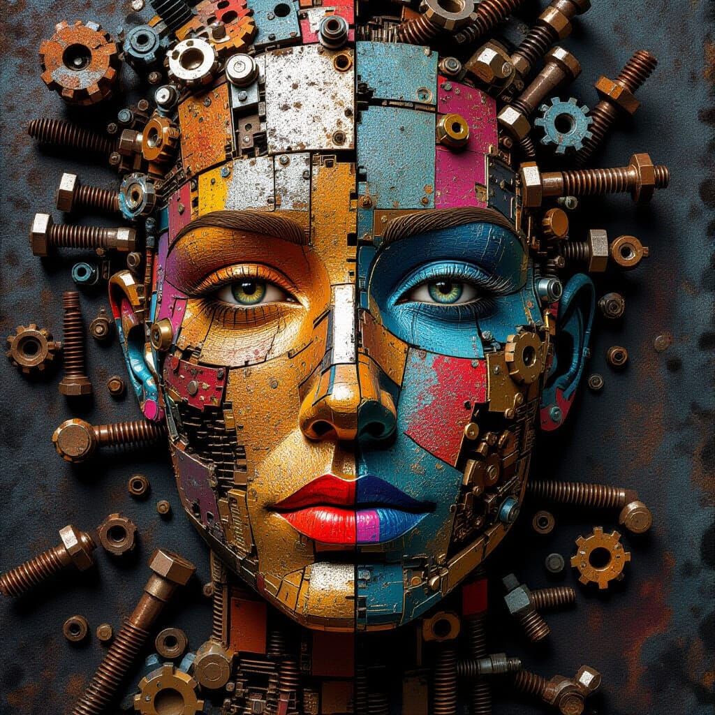 Face Crafted from Screws and Nails in Digital Art Style