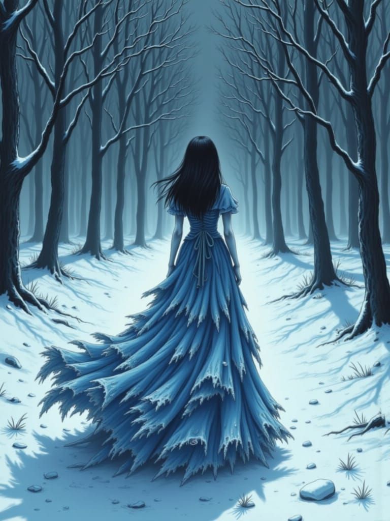 Manga Girl in Frost Gown, Minimalist Winter Landscape