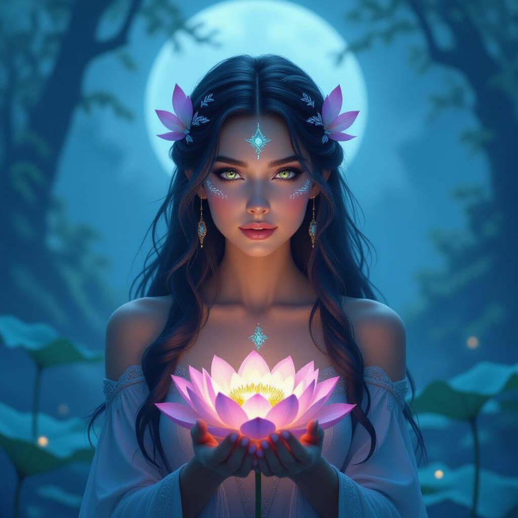 Lotus Flower Dryad in Misty Moonlit Forest