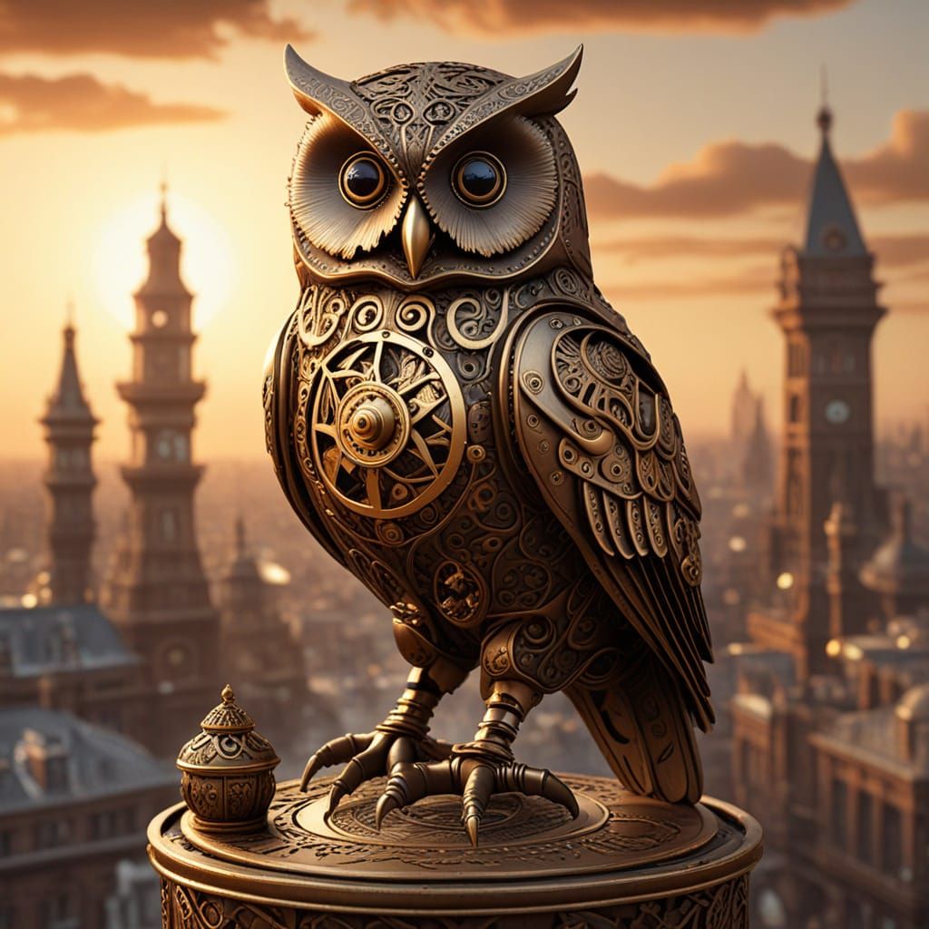 Clockwork Owl on Steampunk Automaton Over Victorian City