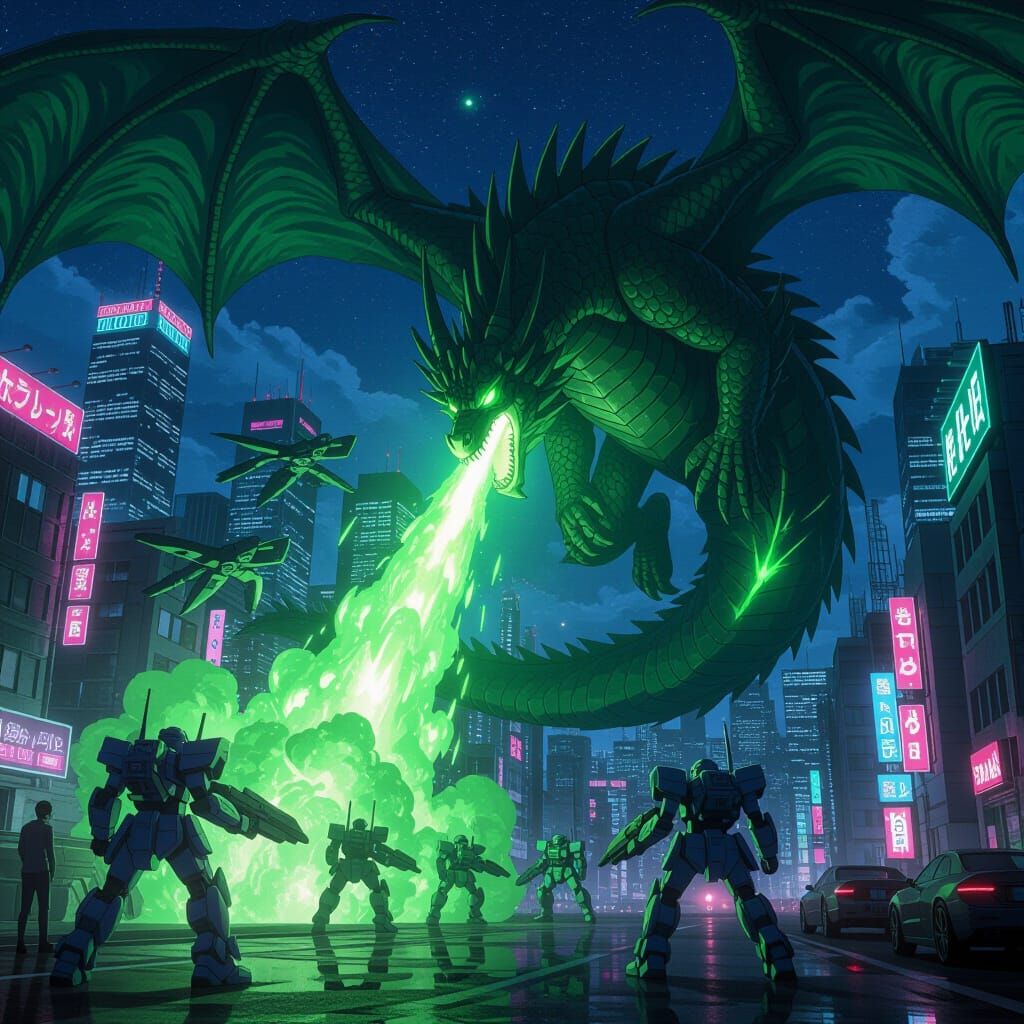 Dragon vs. Mechs in Neon Cyberpunk City Anime Style