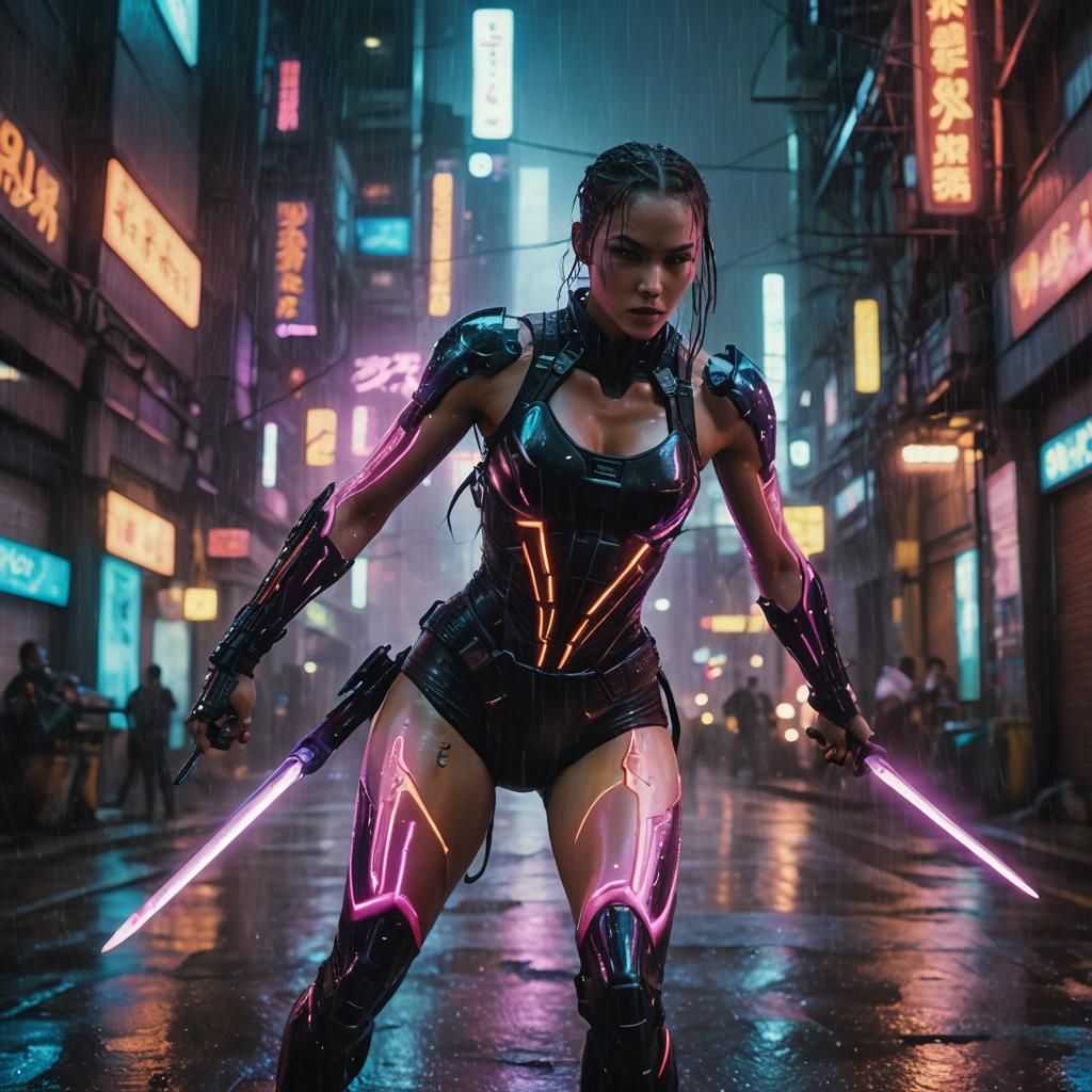 Cyberpunk Warrior with Glowing Blades