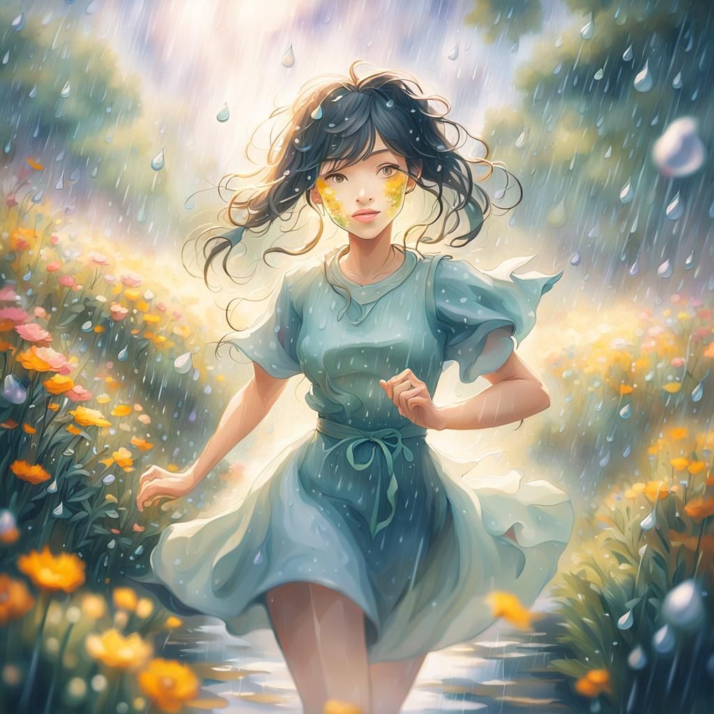 Impressionist Girl Running Joyfully in Rainy Park