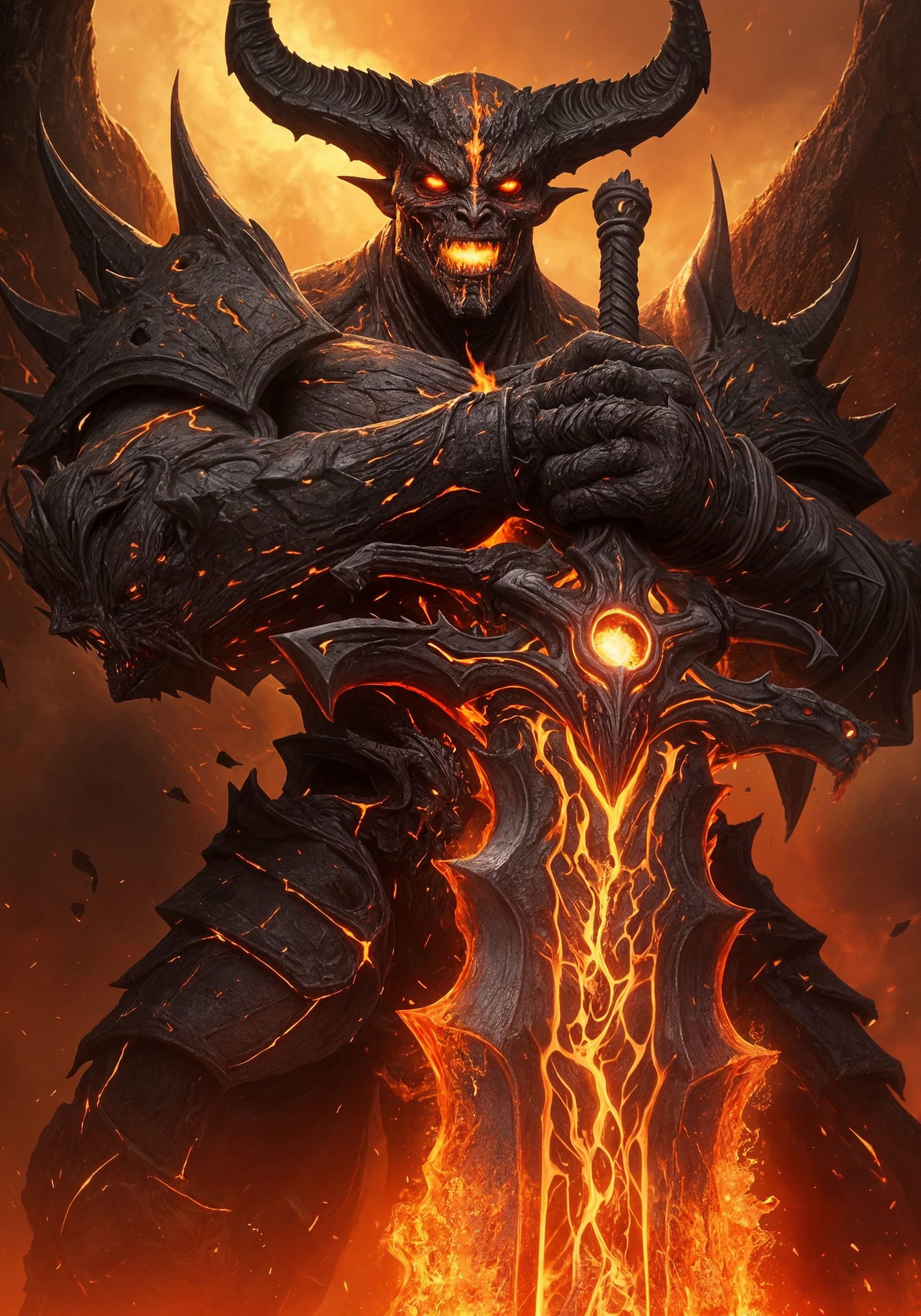 Demon Prince Wields Molten Crimson Sword in Hellish Landscap...