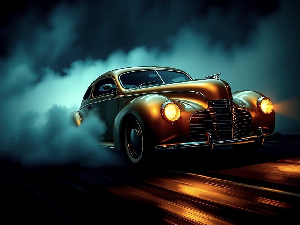 1940 Golden Aerodynamic Car Speeds Through Foggy Night