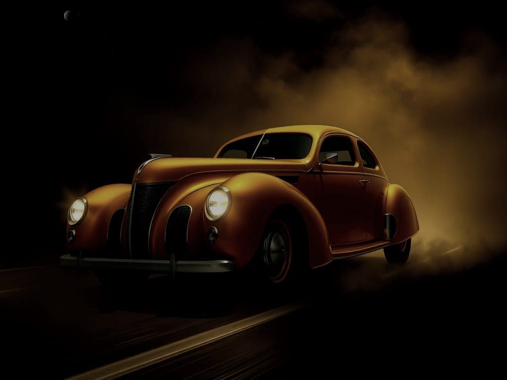 Golden 1940 Aerodynamic Car Speeds Through Foggy Night