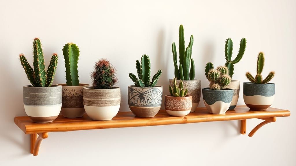 Exotic Cacti on Bamboo Shelf, Organic Art Style