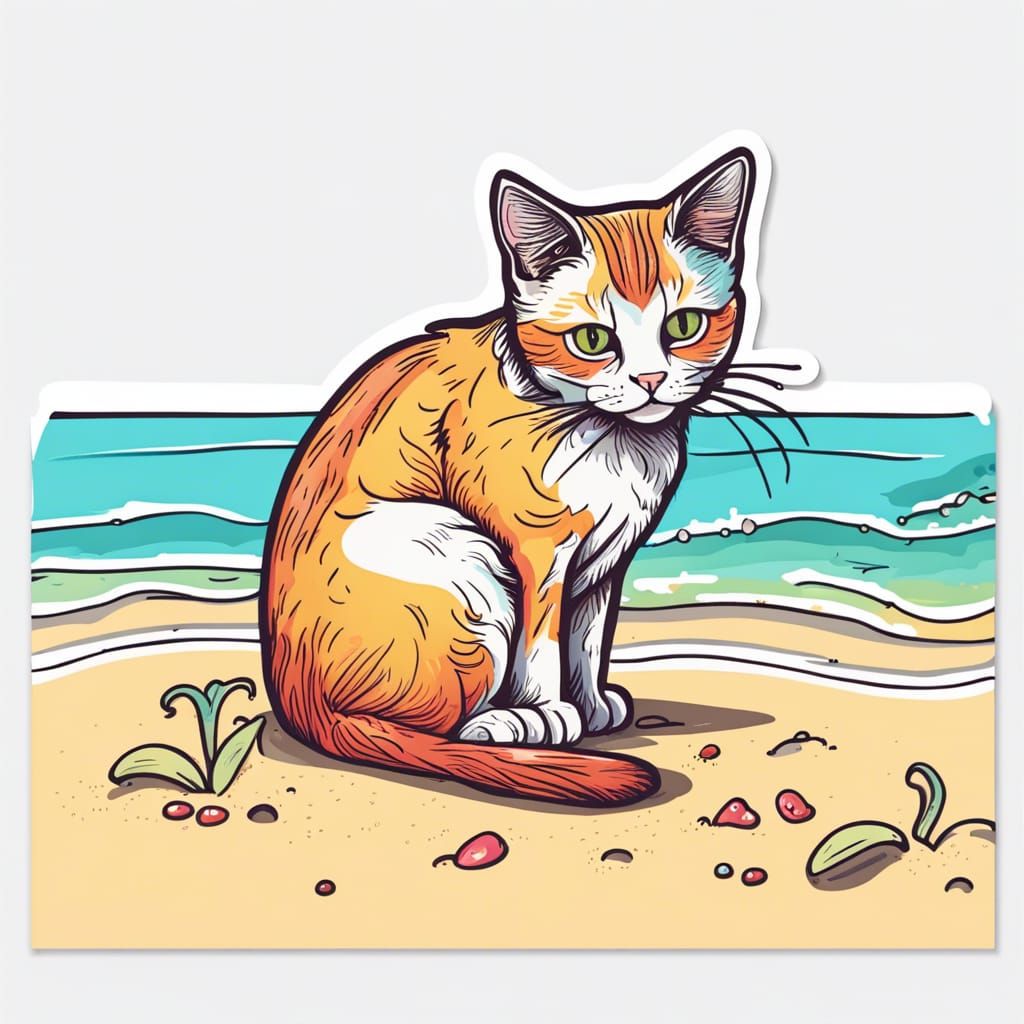 Adorable Sticker Cat on Beach: Bright Vector Art