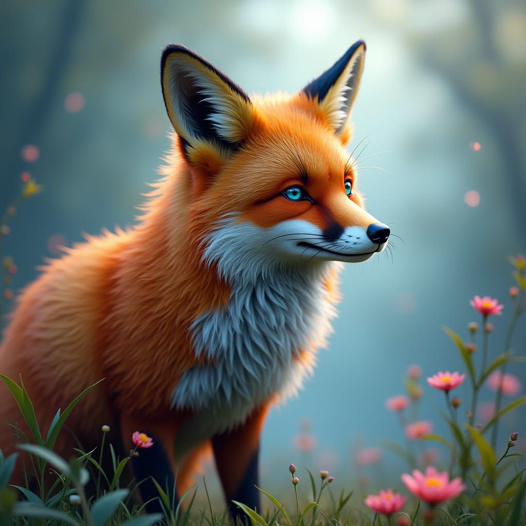 Mystical Red-Orange Fox in Dreamy Landscape