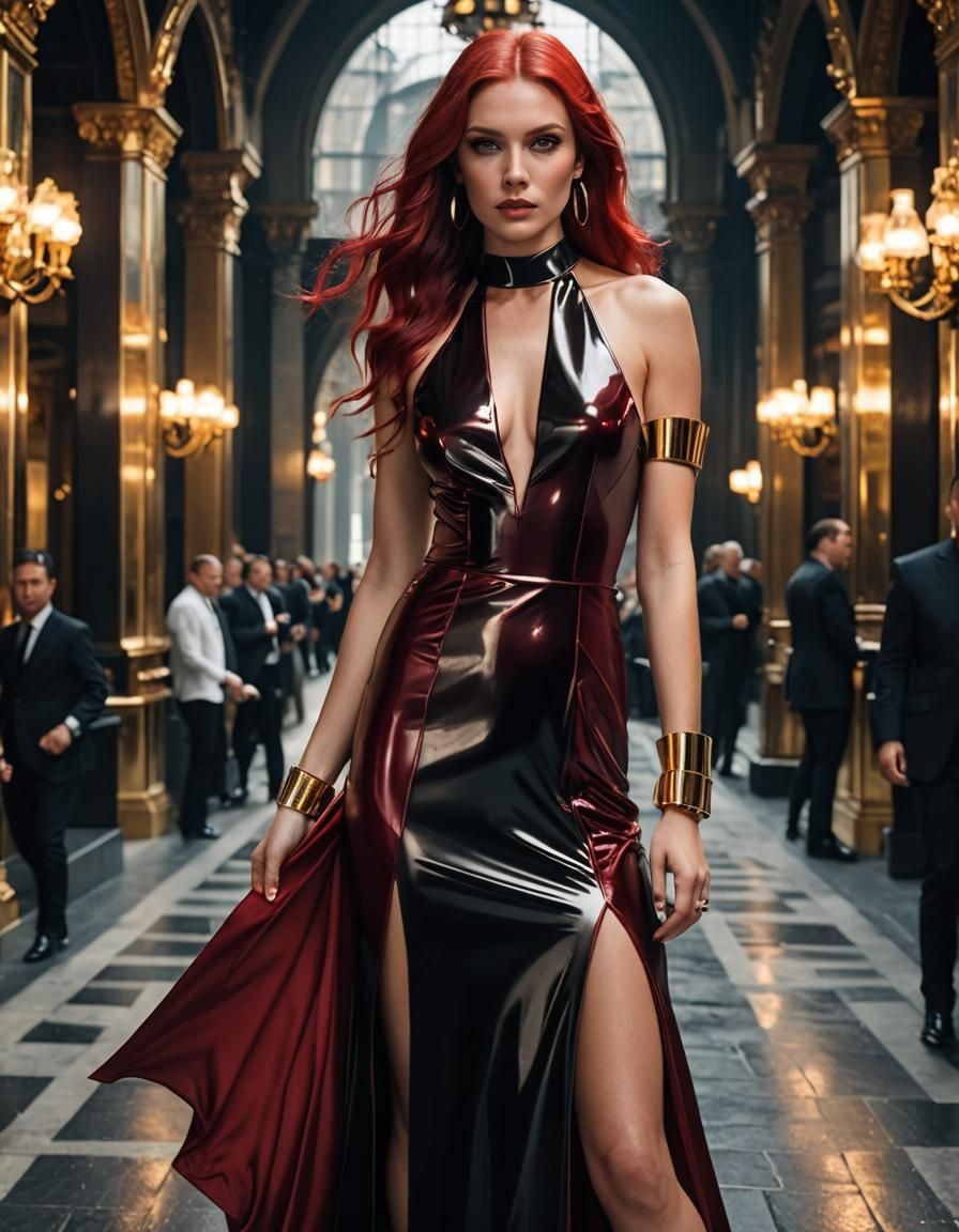 Woman in Shiny Red Gown with Gold Accents