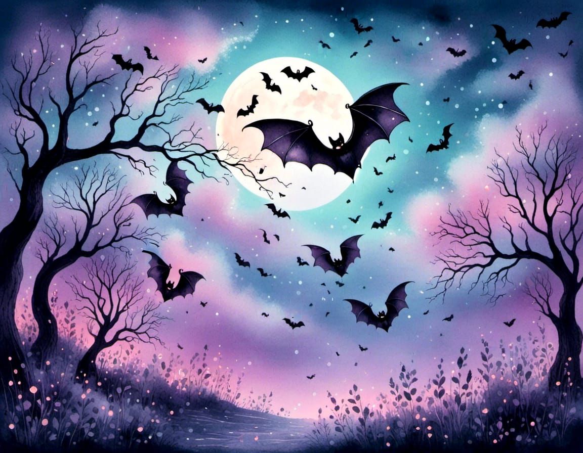bats and moon in a whimsical dance