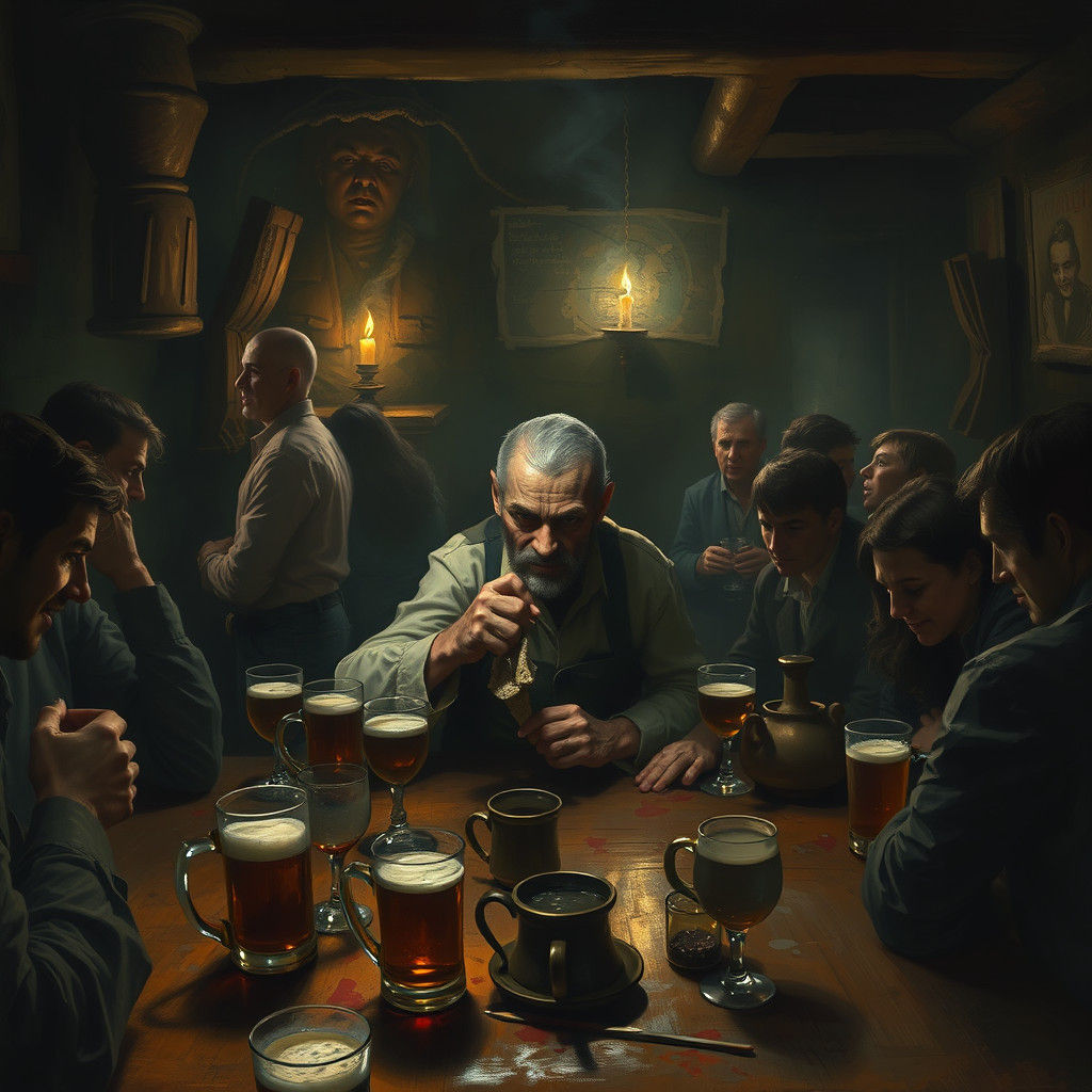 Smoky Tavern Scene with Patrons in Shadow