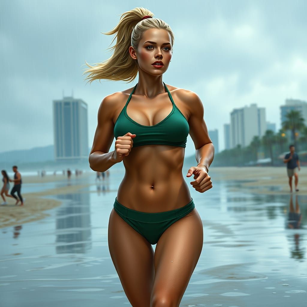 Cassie Cage jogging at a rainy beach in Los Angeles