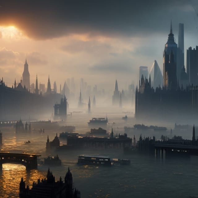 Flooded London in Post-Apocalyptic Digital Art Style
