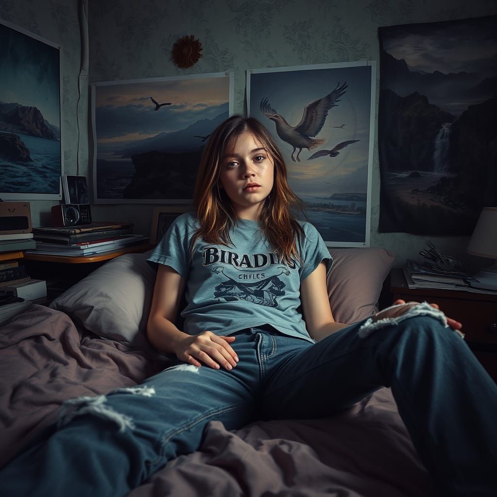 Sorrowful Teenage Girl in a Melancholic Bedroom Sanctuary