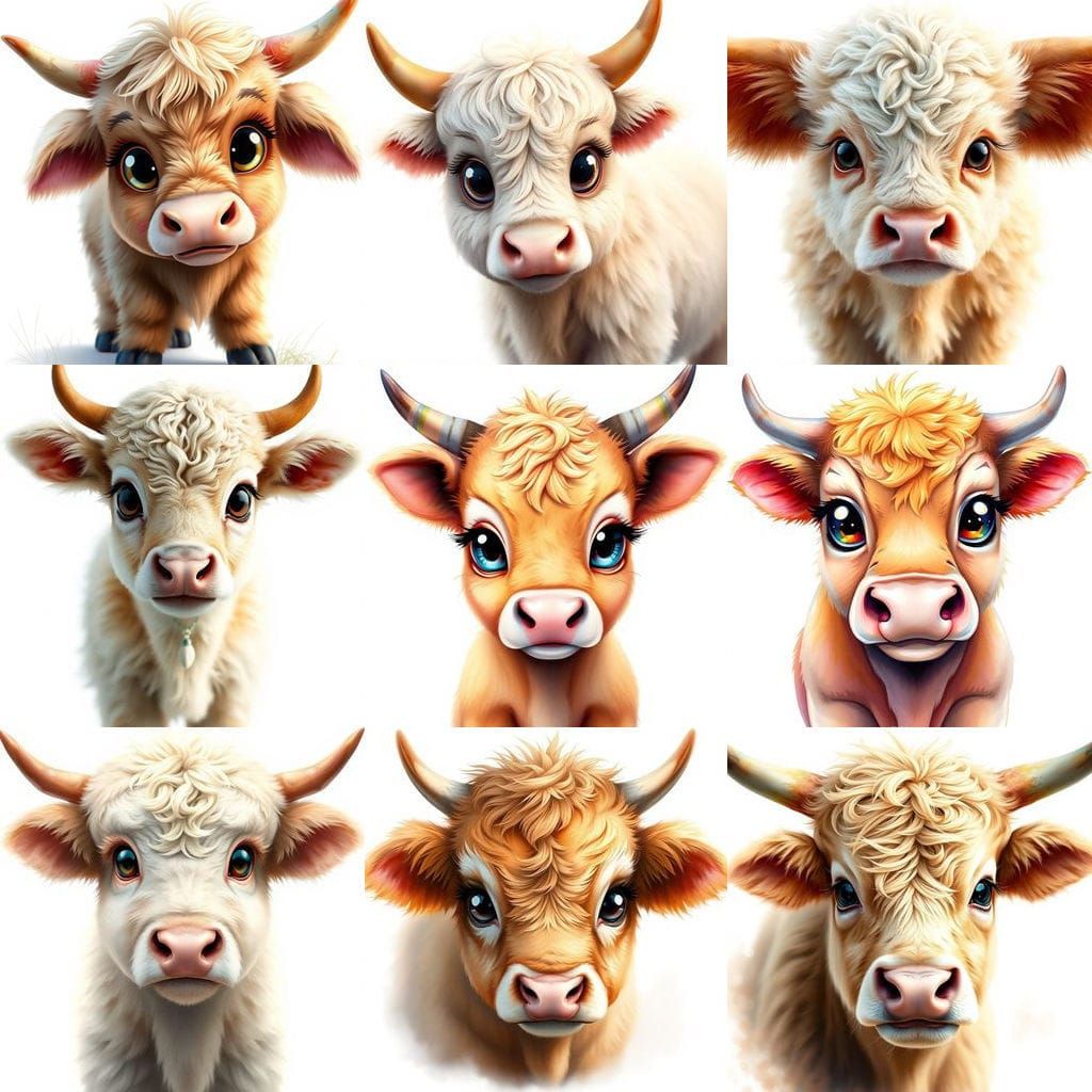 Kawaii Highland Cow Baby with Hyper-Realistic Eyes in Waterc...