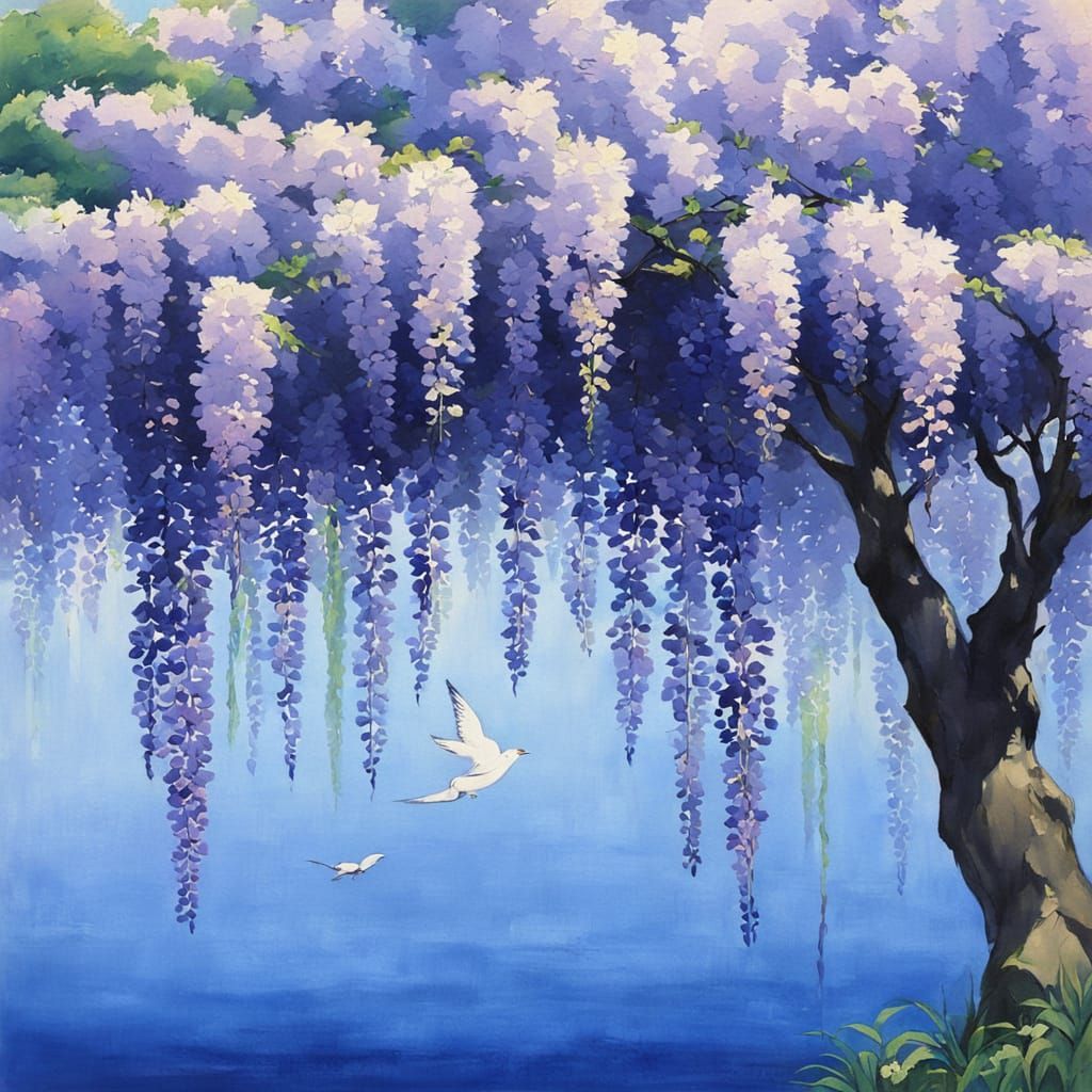 Yamato-e Painting of Wisteria Blossom in Summer Breeze