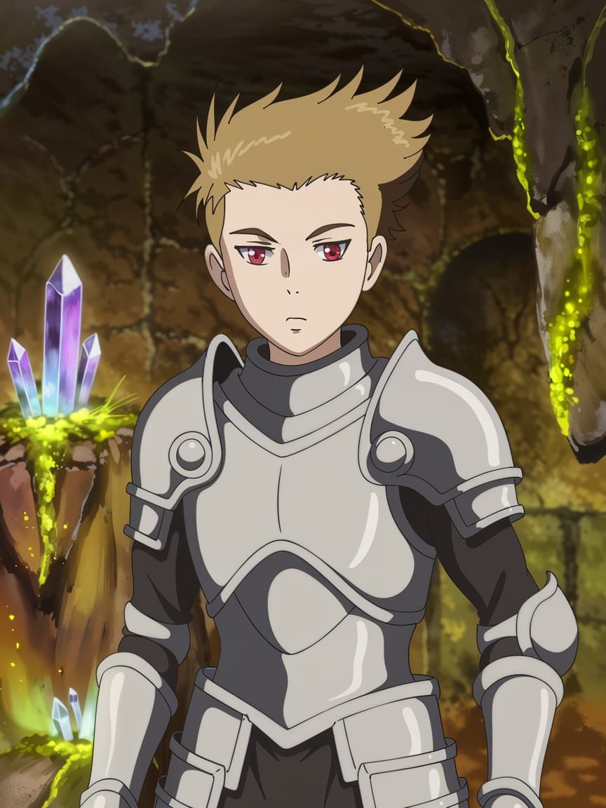 Anime Boy in Dungeon with Glowing Crystals