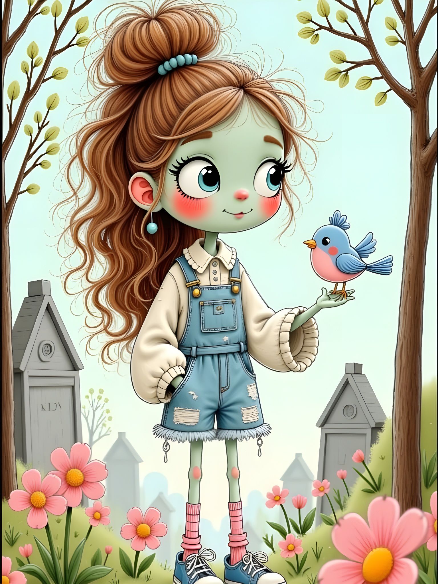 Adorable Zombie Girl in Pastel Graveyard Holding Bluebird