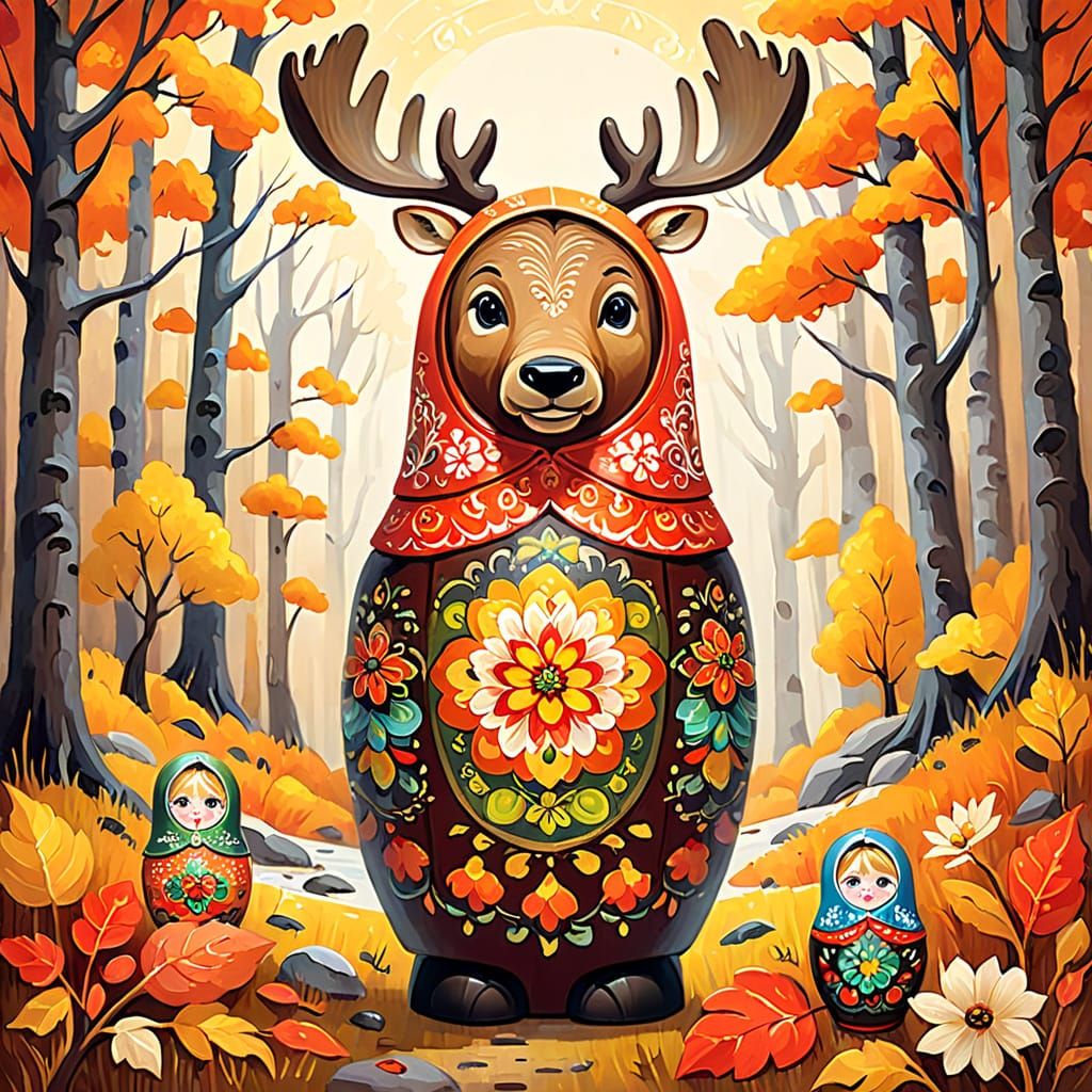 Whimsical Autumn Matryoshka Moose Doll in Khokhloma Style