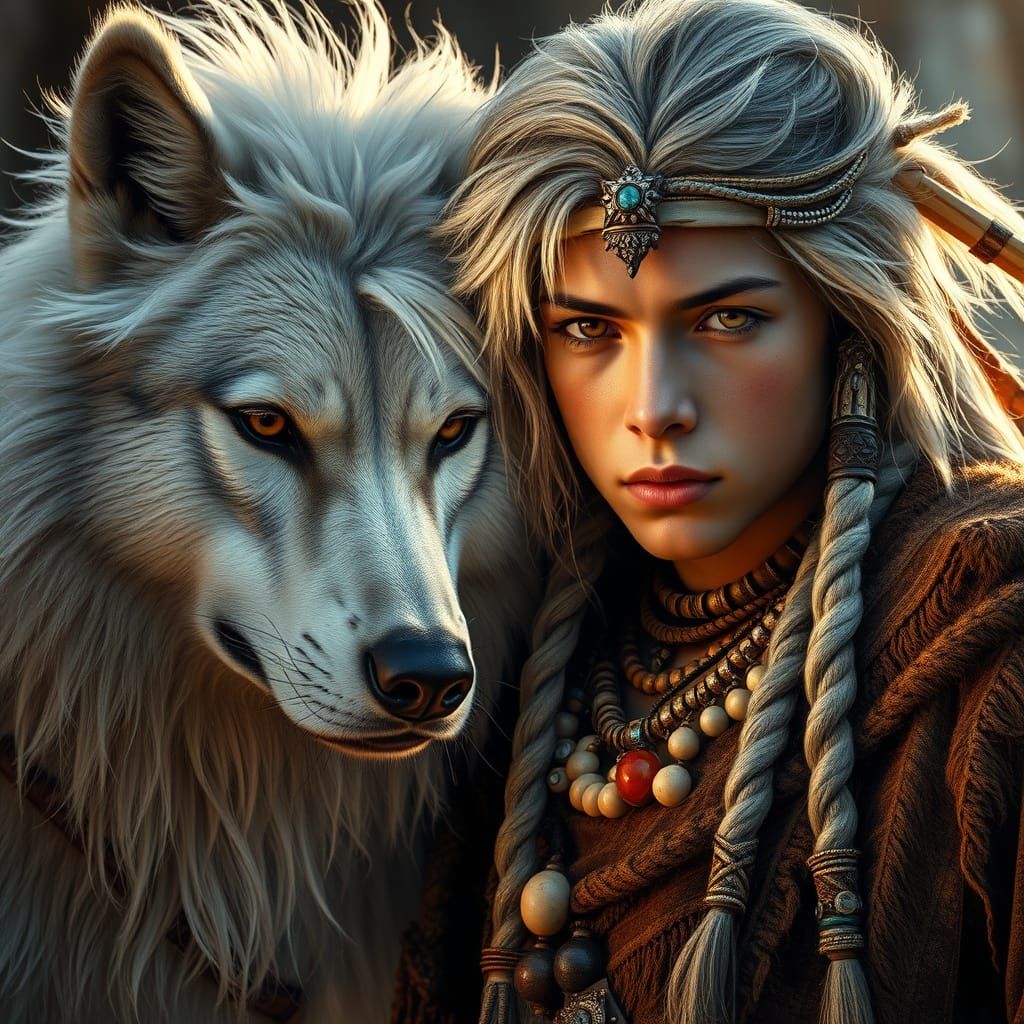 Ethereal Tribal Prince with Snowy Wolf in Art Nouveau Fantas...