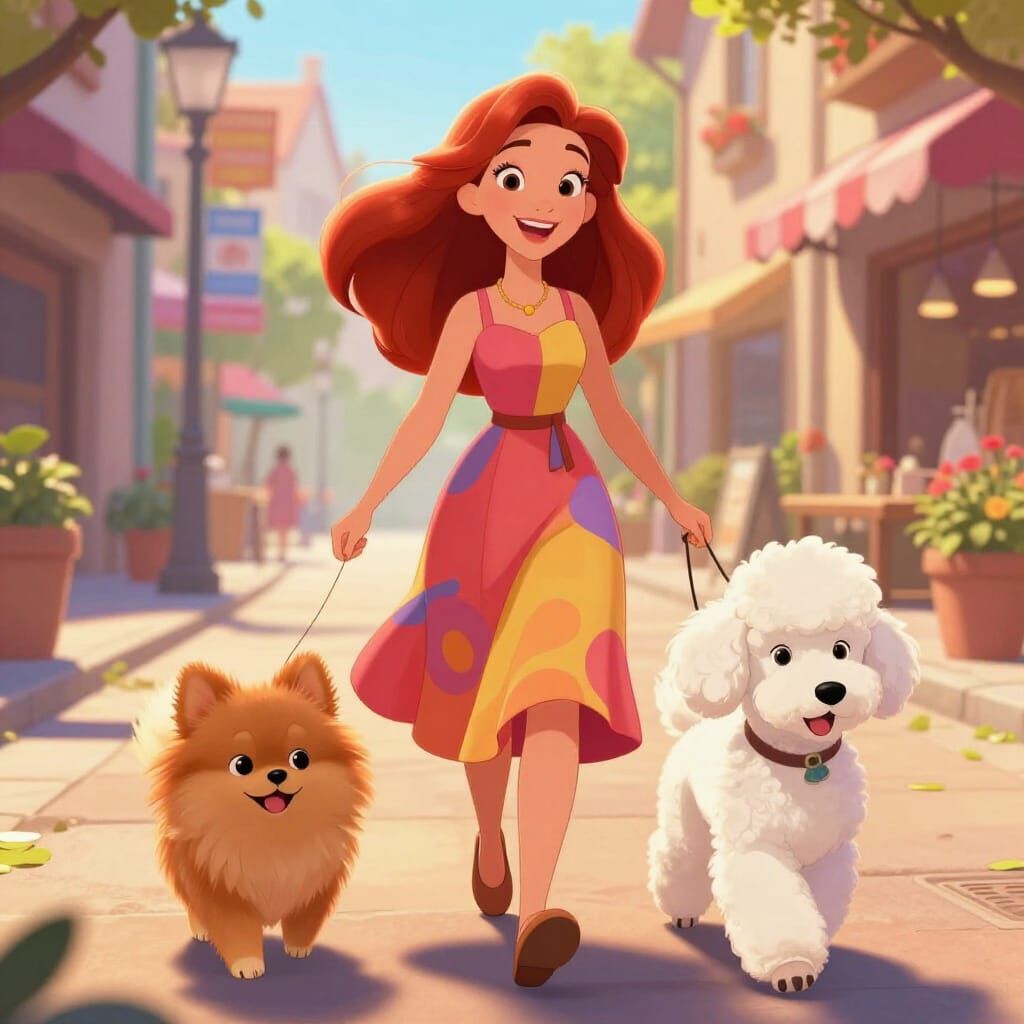 Woman Strolls with Pomeranian and Poodle in Disney Style