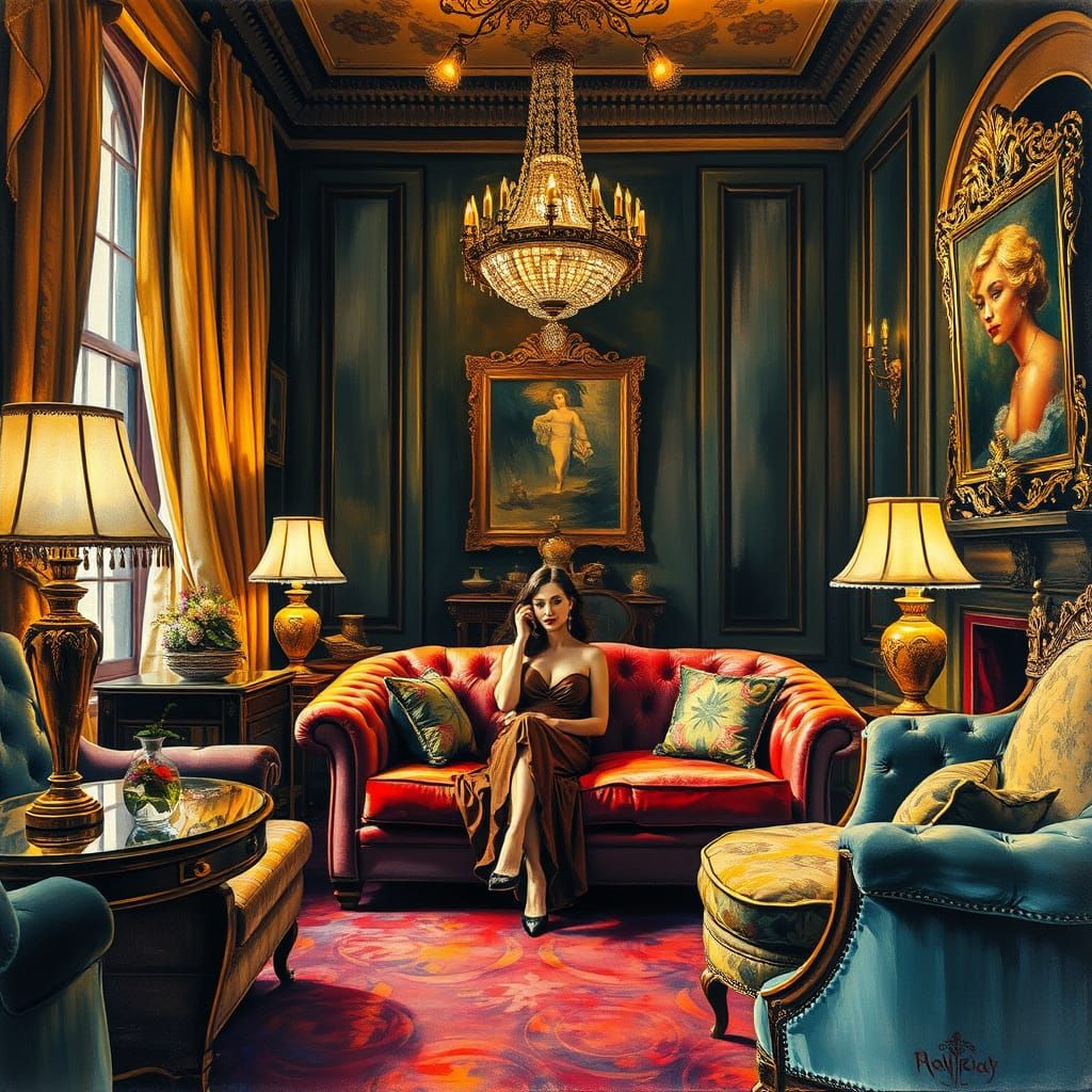 Hyperdetailed Salon Scene in the Style of Impressionist Mast...